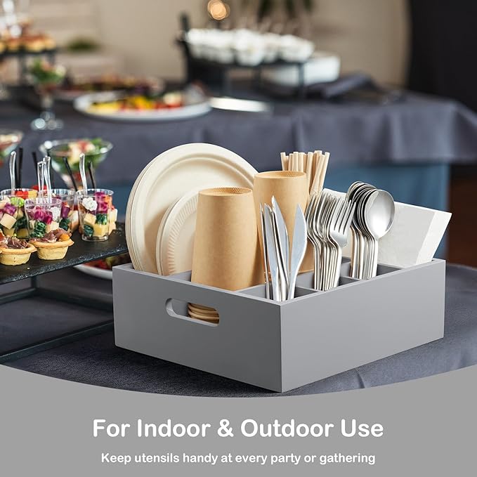 Wood Utensil Holder for Party, 6-Compartment Paper Plate Organizer with Handles, Wooden Silverware Caddy for Picnic, Camping, BBQ, Buffet, and Kitchen Countertop Organization, Gray