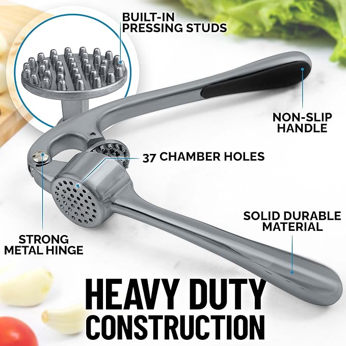 Zulay Kitchen Premium Garlic Press Set - Rust Proof & Dishwasher Safe Professional Garlic Mincer Tool - Easy-Squeeze, Easy-Clean with Soft, Ergonomic Handle - Silicone Garlic Peeler & Brush (Slate)