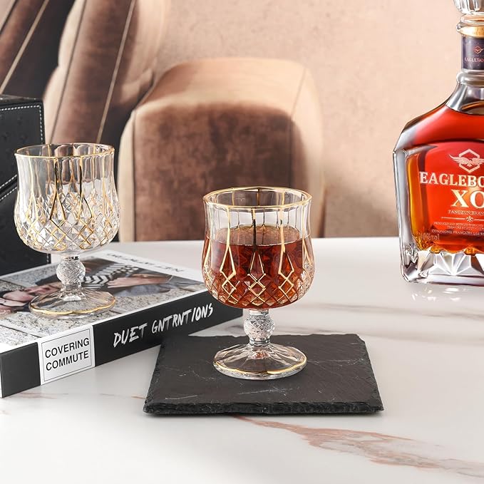 GLASKEY Crystal Brandy and Cognac Snifter Glasses Set of 2-24K Gold Hand Decorated,Short Stem Cognac Glass Brandy Goblets for Bourbon,Scotch,Tequila,Armagnac,Rum,Gift Ideas-7oz