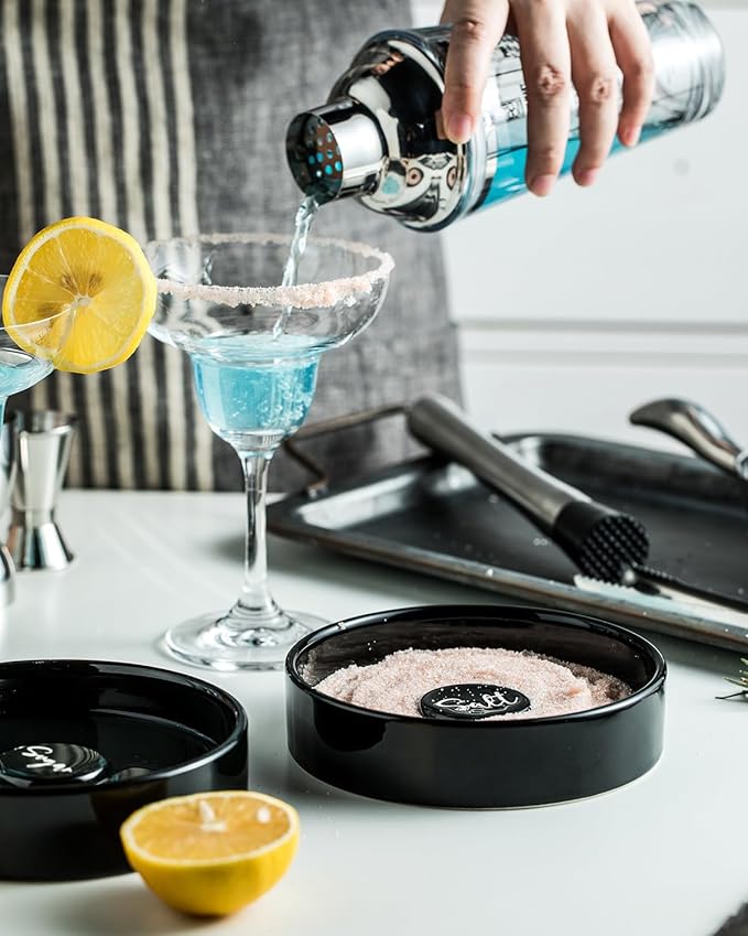 Bar Glass Rimmer for Margarita and Cocktail, Ceramic Salt Sugar Glass Rimmer Sugar Container for Cocktails Home Bar Accessories Set of 2, Black