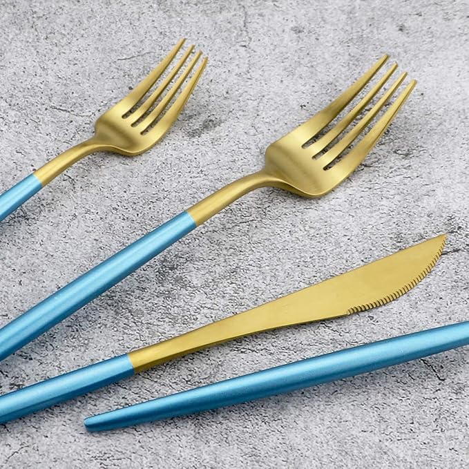 Gugrida Blue Handle Matte Gold Silverware Set - 5-Piece 18/10 Stainless Steel Satin Finish Flatware, Kitchen Utensils, Tableware Travel Cutlery for Camping, Office, School Lunch - Dishwasher Safe