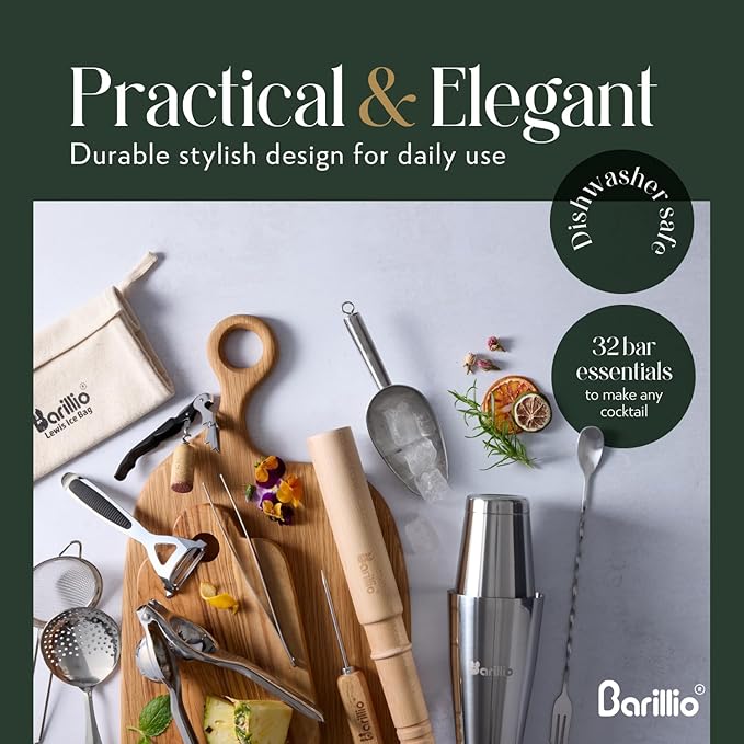 Barillio Bar Tool Set Pro Edition - Stainless-Steel Cocktail Shaker Set - Mixology Bartender Kit w/Boston Shaker, Drink Mixer & Muddler for Cocktails - Home Bar Accessories - 32-Pc Bar kit