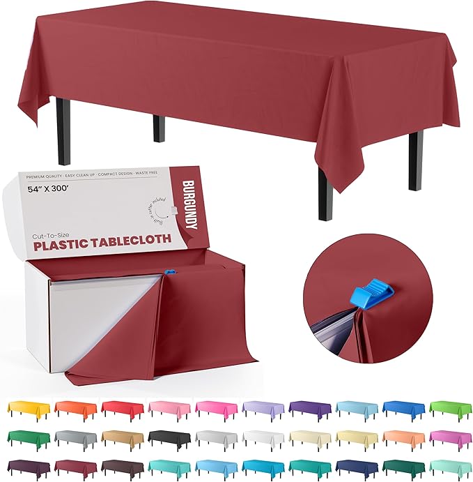 Exquisite Party Solids 54 Inch X 300 Feet Burgundy Plastic Table Cover Roll in A Cut - to - Size Box with Convenient Slide Cutter. Cuts Up to 36 Rectangle 8 Feet Plastic Disposable Tablecloths