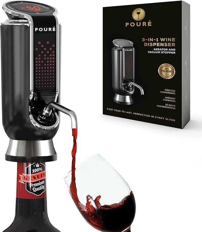 3-IN-1 Wine Aerator Dispenser & Vacuum Stopper - Adjustable Pouring, Preserving, Real-Time Temp, Output & Pressure Control - Touch Screen LED Wine Accessories - Fits 18–20mm Bottles — Silver