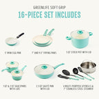 GreenLife Soft Grip 16 Piece Cookware Set, Non-Toxic PFAS-Free Ceramic Nonstick, Pots, Frying, Sauce, Saute, Glass Lids, Stay-Cool Handles, Wobble Free Bases, Dishwasher & Oven Safe, Turquoise