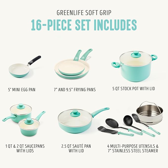 GreenLife Soft Grip 16 Piece Cookware Set, Non-Toxic PFAS-Free Ceramic Nonstick, Pots, Frying, Sauce, Saute, Glass Lids, Stay-Cool Handles, Wobble Free Bases, Dishwasher & Oven Safe, Turquoise