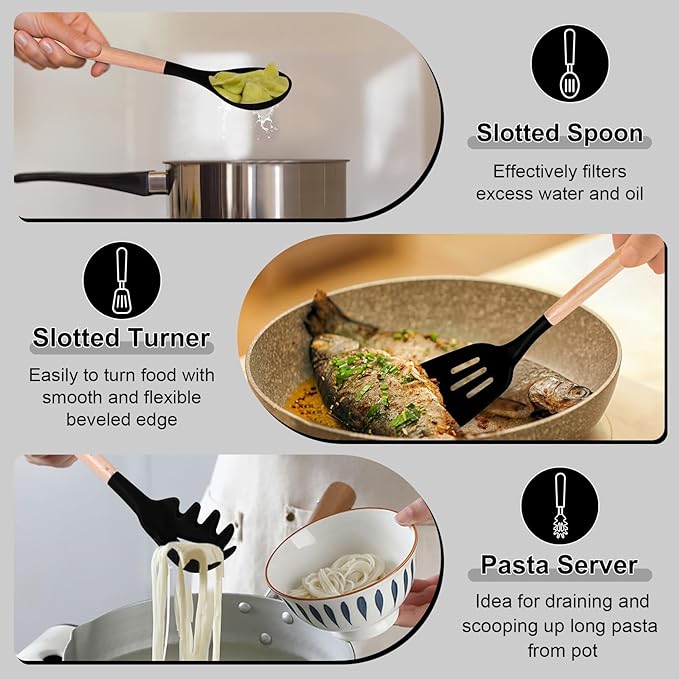 P&P CHEF Cooking Utensils Set, 6 PCS Kitchen Utensils with Wooden Handle, Silicone Spatula for Nonstick Cookware, Easy Clean & Non-toxic, Black