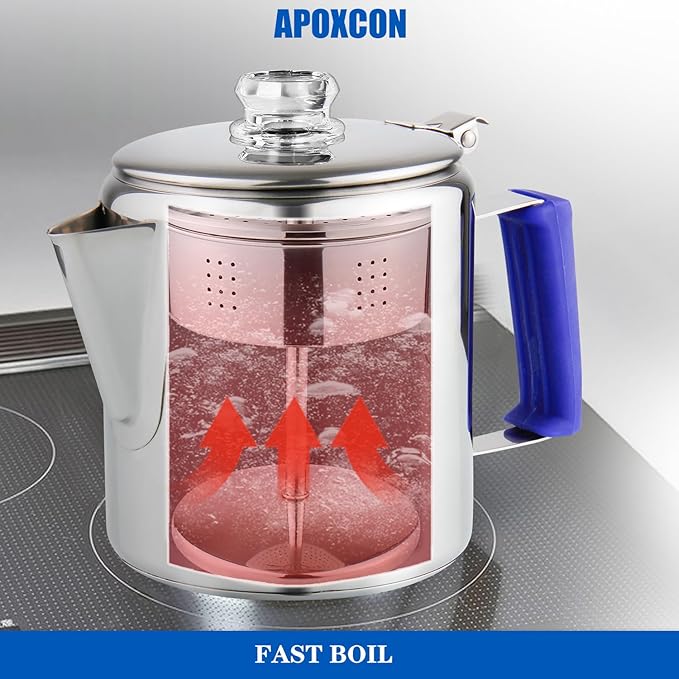 Multi Use Percolator Coffee Pot Stainless Steel Stove Top Coffee Maker with Two Tough Borosilicate Glass Knob Silica Handle Camping Coffee Pot Using on Campfire Stove & Induction Cooker Silver 6 Cup