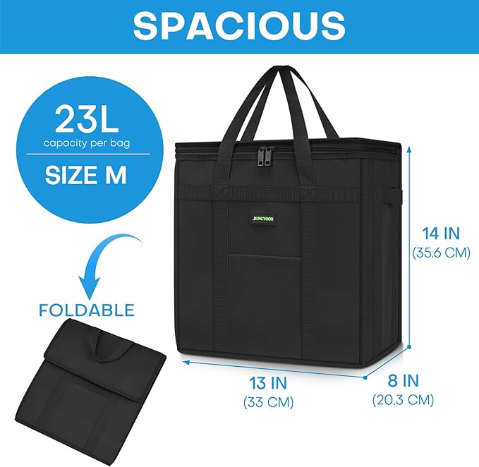 JUNGYOON Heavy-Duty Insulated Grocery Bags & Picnic Basket – Collapsible Cooler Bag with Zippered Top | Reusable Shopping Bags for Groceries, Picnics, Easy Storage (M Black)