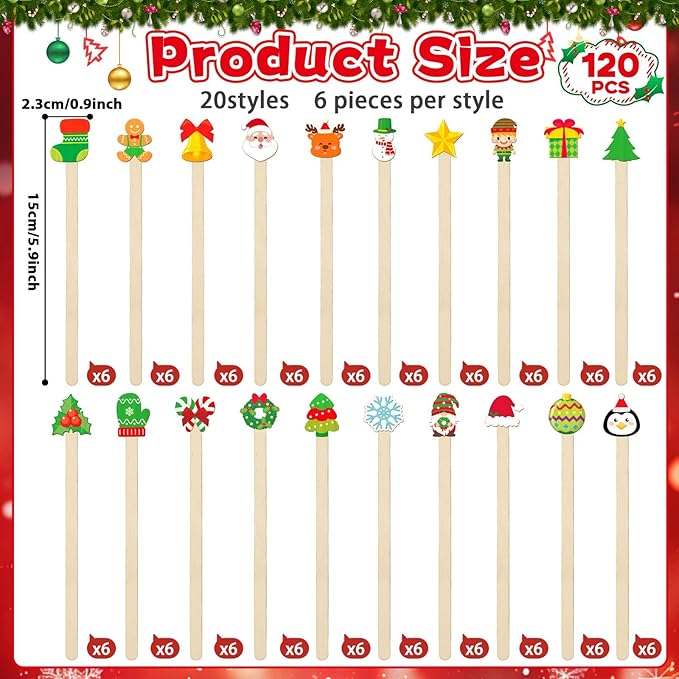 120 Pcs Christmas Wooden Coffee Stirrers Xmas Wood Coffee Stir Sticks Christmas Disposable Drink Stirring Sticks for Beverage Hot Chocolate Holiday Party Decor Restaurant Home Office Cafe, 20 Styles