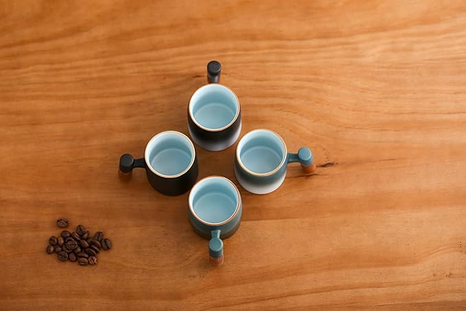 2-Oz Ceramic Espresso Cups with Wood Handle, 2/4-Piece Set for Coffee, Tea, Latte - Dishwasher Safe, Multi-Color & Wood Styles, Gift & Café Use (blue white, Wooden Handle4)