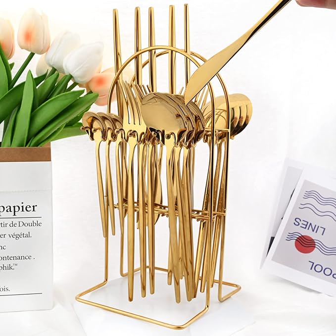 24-Piece Mirror Gold Cutlery Set, Snplowum Stainless Steel Flatware Hanging Tableware Silverware Set Include Knife/Fork/Spoon/Teaspoon and Storage Rack For Daily Use, Service For 6