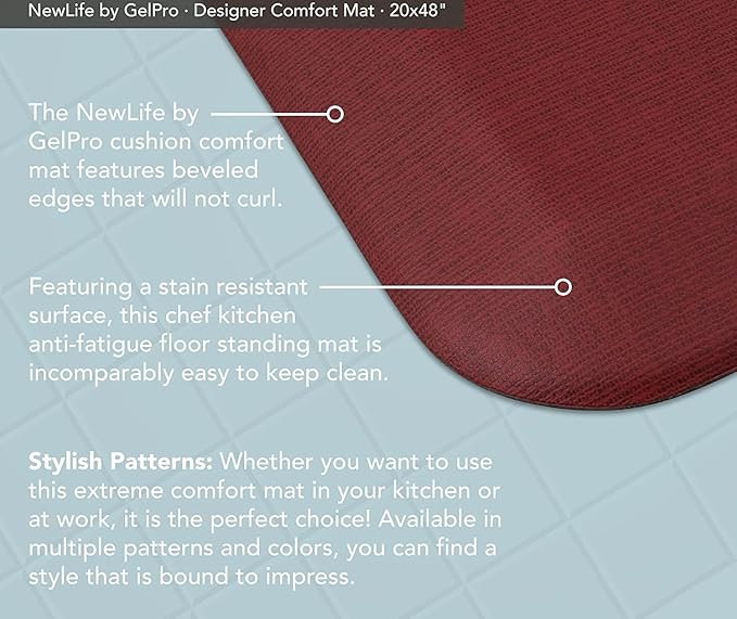 NewLife by GelPro Anti-Fatigue Designer Comfort Kitchen Floor Mat, 20x48”, Grasscloth Crimson Stain Resistant Surface with 3/4” Thick Ergo-Foam Core for Health and Wellness