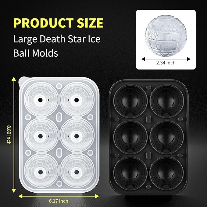 6 Chamber 2.34" 3D Death Star Ball Ice Cube Tray With Funnel,Large Round Ice Ball Molds Silicone Fun Shapes Whiskey Circle Ice Tray,For Chilling Whiskey,Cocktails,Bourbon,Brandy and Beverages