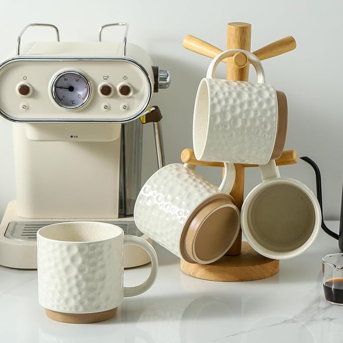 Nihow 16OZ Stackable Coffee Mug Set, Large Ceramic Coffee Mug Set of 4,Coffee Cup Set for Cappuccino/Latte/Cocoa,Dishwasher & Microwave Safe, Matte White