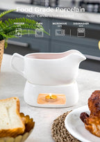 Nucookery Large 20 Oz Gravy Boat with Warmer, White Fine Porcelain Saucier with Big Dripless Lip Spout, Gravy Bowl For Thanksgiving, Warming Sauces, Salad Dressings, Microwave & Freezer Safe(Modern)