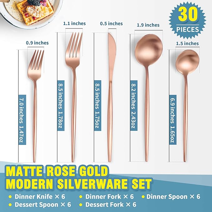 Lemeya Matte Rose Gold Silverware Set for 6,Modern Stainless Steel Brushed Cutlery Set,30-Pieces Heavy Duty Flatware Set,Knives Spoons and Forks Set Utensils Set, Satin Finish, Dishwasher Safe