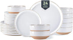 AmorArc 24 Pieces Ceramic Dinnerware Sets for 8, Handpainted Stoneware Plates and Bowls Set with Rustic Terracotta Underside, Scratch Resistant Dishes Set, Dishwasher & Microwave Safe, White