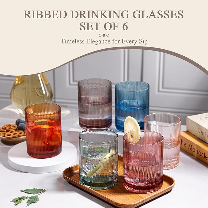 Physkoa Ribbed Drinking Glasses Set of 6 – 13 oz Vintage-Inspired Colorful Glassware – Heavyweight, Durable, Perfect for Water, Cocktails, Coffee, and Everyday Use