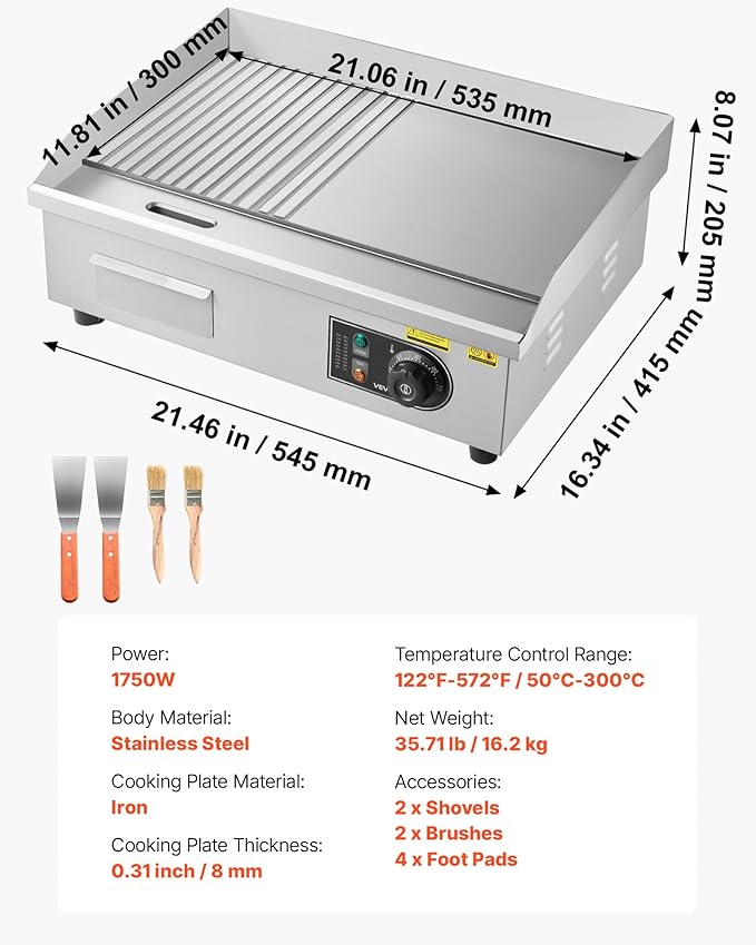 VEVOR Commercial Electric Griddle, 21.06 x 11.81 inch, 1750W, 122-570°F Adjustable Temp Control, Stainless Steel Body, Half Grooved Half Flat, with 2 Spatulas, 2 Brushes, and 4 Foot Pads, for Steak