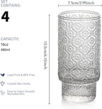 Drinking Glasses Set of 4, 16oz Textured Flower Design Cocktail Glasses, Stackable Old Fashioned Glass Cups, Vintage Glassware for a baby Shower Wedding for Kitchen and Bar - Dishwasher Clear
