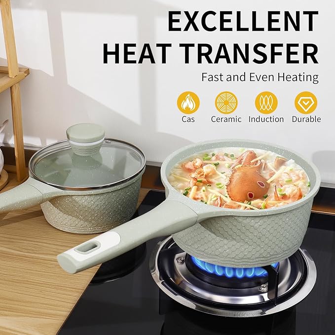 1.5QT Non Stick Sauce Pan with Glass Lids, Granite Coating PFOA Free & Dishwasher Safe, Induction Compatible for All Cooktops, Multipurpose Cooking Pot for Soup, Pasta, Vegetables