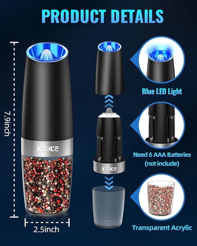 Gravity Electric Pepper and Salt Grinder Set, Adjustable Coarseness, Battery Powered with LED Light, One Hand Automatic Operation, 2 Pack -Black
