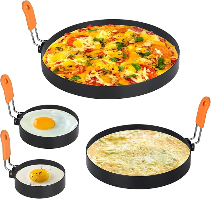 Egg Rings for Griddle Frying Eggs Upgraded 4 Packs, Pancake Shapers with Orange Silicone Handle Non-stick Egg Molds for cooking Breakfast Omelette Sandwiches (3", 3.5", 6", 8")
