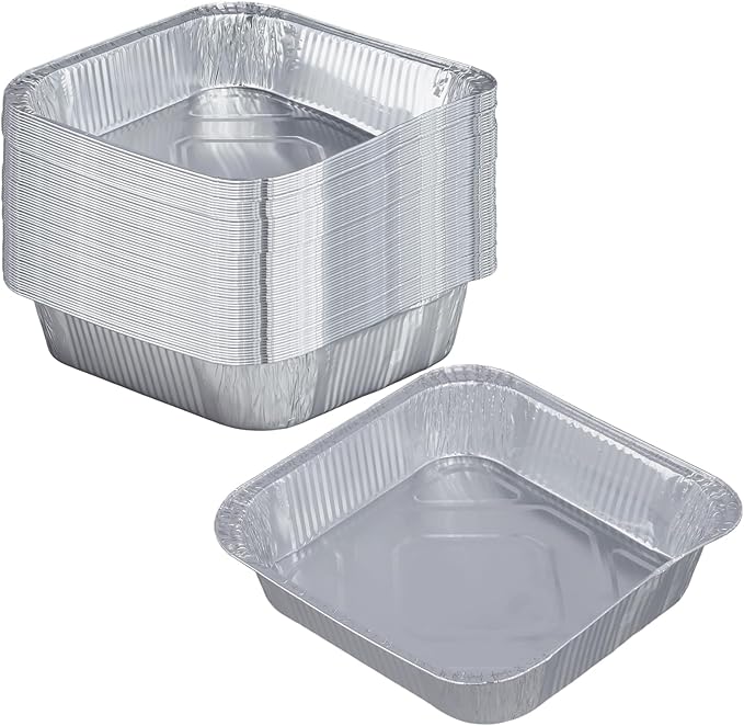 50 Pack 8x8 Inch Square Aluminum Baking Pans, Heavy Duty Disposable Foil Pans for Baking, Cooking, Freezing, Meal Prep