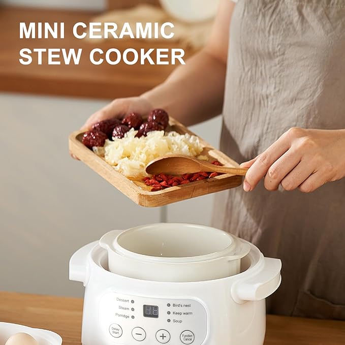 Haofy 200W Mini Ceramic Stew Cooker, 1L Capacity Electric Slow Cooker Porridge Soup Pot, Multifunctional with PTC Heating Technology