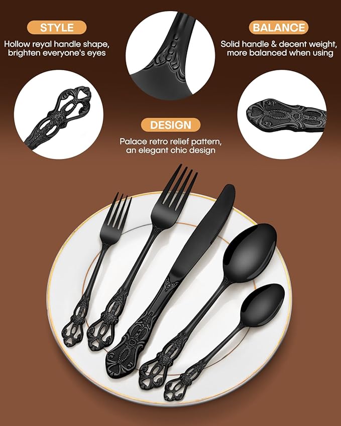 EUIRIO 30 Pieces Royal Silverware Set for 6, Retro Gorgeous Black Flatware Set, Premium Stainless Steel Vintage Cutlery Set with Forks Spoons and Knives, Dishwasher Safe