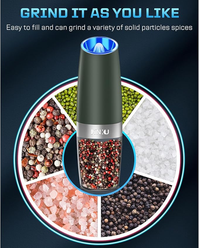 XinXu Gravity Electric Salt and Pepper Grinder Set, Automatic Mill Grinder Shaker,Battery-Operated, Adjustable Coarseness, Stainless Steel, LED Light, One Hand Operated,Dark Green