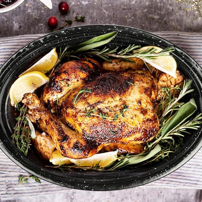 13” Enameled Oval Roasting Pan with Domed Lid - For 7lb Turkey, Chicken, Lamb, Vegetables