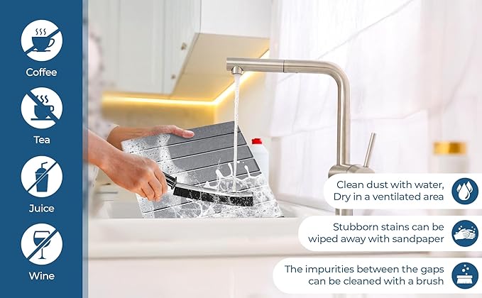 Premium Stone Dish Drying Mat – Large Foldable Kitchen Counter Mat, Super Absorbent Diatomaceous Earth with Coasters, Brush & Anti-Slip Pad – Fast Drying, Dark Gray