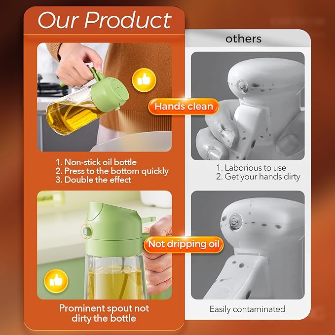 YARRAMATE Olive Oil Dispenser, 2 in 1 Oil Sprayer for Cooking, 16oz/470ml Glass Oil Spray Bottle with Pourer, Food-grade Oil Dispenser and Oil Sprayer for Kitchen, Salad, Frying, BBQ (Black & Green)