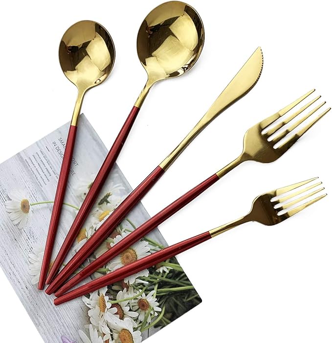 Red Gold Silverware Set, JASHII 20-Piece Stainless Steel Satin Finish Flatware Set, Kitchen Utensil Set, Mirror Polished Tableware Cutlery Set for Home and Restaurant, Dishwasher Safe