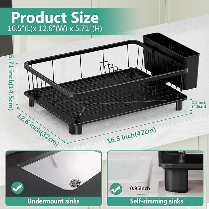 Dish Drying Rack - Space-Saving Dish Rack,Dish Racks for Kitchen Counter with Drainboard, Rustproof Dish Drainer with a Removable 4-Compartment Utensil Holder,Black