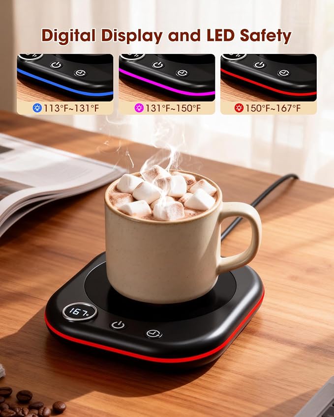 Mug Warmer - 3 Temp Setting 113°F 131°F 167°F - Ambient Light - Coffee Mug Warmer for Desk with 1-12H Timer - 4H Auto Shut Off- Electric Cup Beverage Warmer Gift for Coffee, Tea, Milk