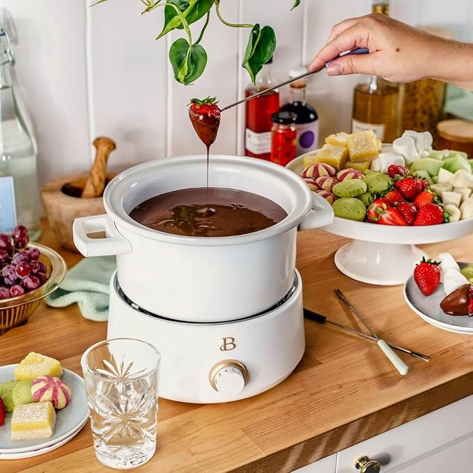 Beautiful 3-Quart Electric Fondue Set, Stainless Steel & Ceramic Insert, Nonstick, Adjustable Temp (White Icing)