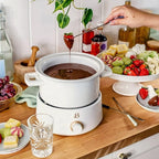 Beautiful 3-Quart Electric Fondue Set, Stainless Steel & Ceramic Insert, Nonstick, Adjustable Temp (White Icing)