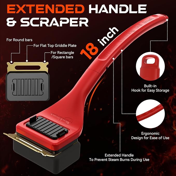 Grill Brush Bristle-Free Steam Cleaning, BBQ Brush Replaceable Heat-Resistant Kevlar Head with Grill Scraper Safe Barbecue Grill Cleaner-Red