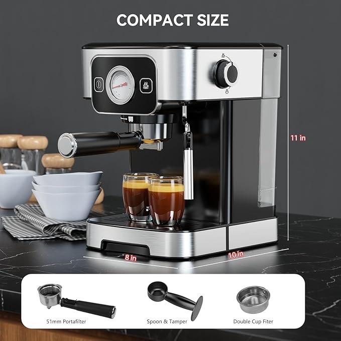 Espresso Machine 20 Bar with Steam Milk Frother, Stainless Steel Coffee Machine with Removable Water Tank for Cappuccino,Latte, Compact Stainless Steel Coffee maker for home,Great Gift