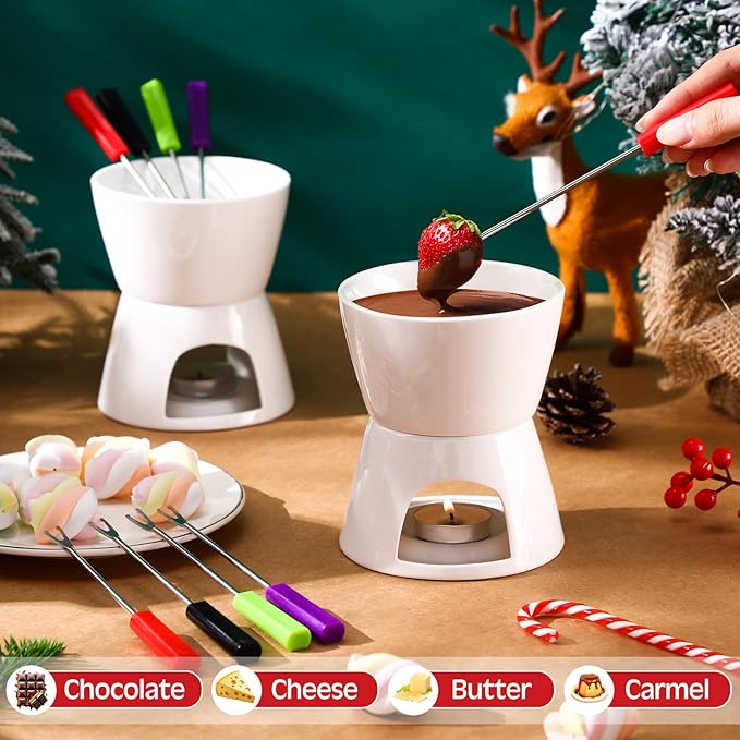 Mudder 8 Pcs Mini Fondue Pot Set with 32 Color Coded Forks Porcelain Tea Light Melting Mugs for Chocolate Cheese and Dessert Small Fondue Pot Set for Christmas Valentine's Parties Tapas Gifting