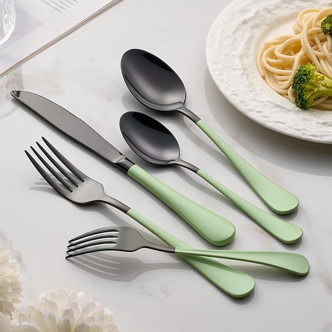 20-Pieces Green and Black Silverware Sets for 4,Green Handle Stainless Steel Cutlery Set, Include Forks Spoons and Knives Set, Dishwasher Safe Utensil Sets for Home Restaurant