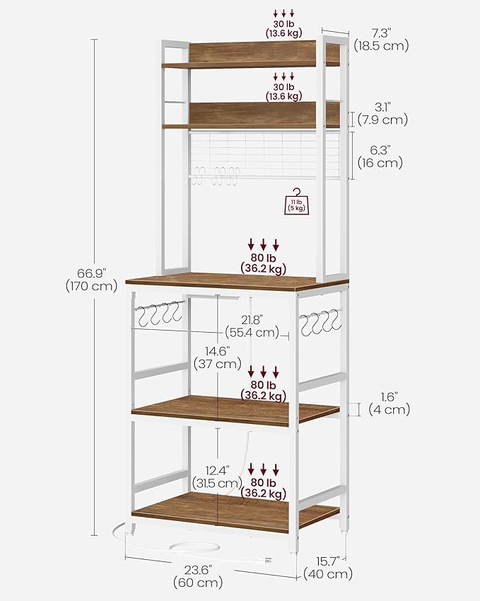 VASAGLE Hutch Bakers Rack with Power Outlet, 14 Hooks Microwave Stand, Adjustable Coffee Bar with Metal Wire Panel, Kitchen Storage Shelf, 15.7 x 23.6 x 66.9 Inches, Rustic Walnut and White UKKS037W41