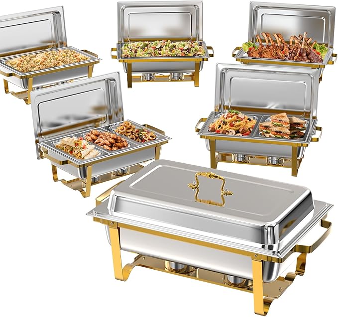 Chafing Dishes for Buffet 6 Pack, 9Qt Chafing Dish Buffet Set with Different Food Pans Combo, Food Warmers for Parties Buffet, Events & Weddings, Gold