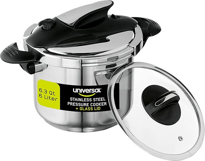 Universal (6.3 Quart / 6 Liter) Stainless Steel Easy Use Pressure Cooker + Extra Glass Lid, Induction Compatible, Pressure Cooker & Multipurpose Pot, 7 servings