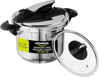 Universal (6.3 Quart / 6 Liter) Stainless Steel Easy Use Pressure Cooker + Extra Glass Lid, Induction Compatible, Pressure Cooker & Multipurpose Pot, 7 servings