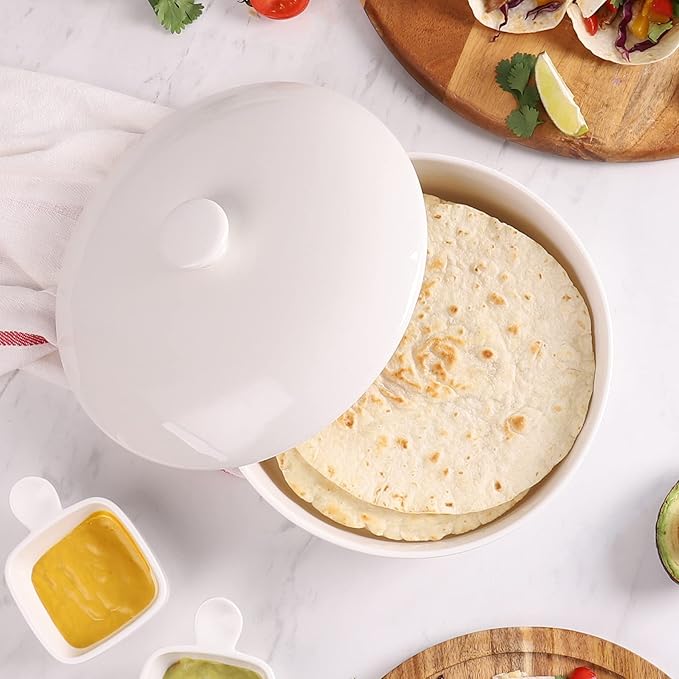 Sweese Ceramic Tortilla Warmer - Holds 12 Tortillas, Microwave & Oven Compatible, Elegant White Tortilla Holder with Lid for Taco Nights, Pancakes, Waffles - Durable & Easy to Clean