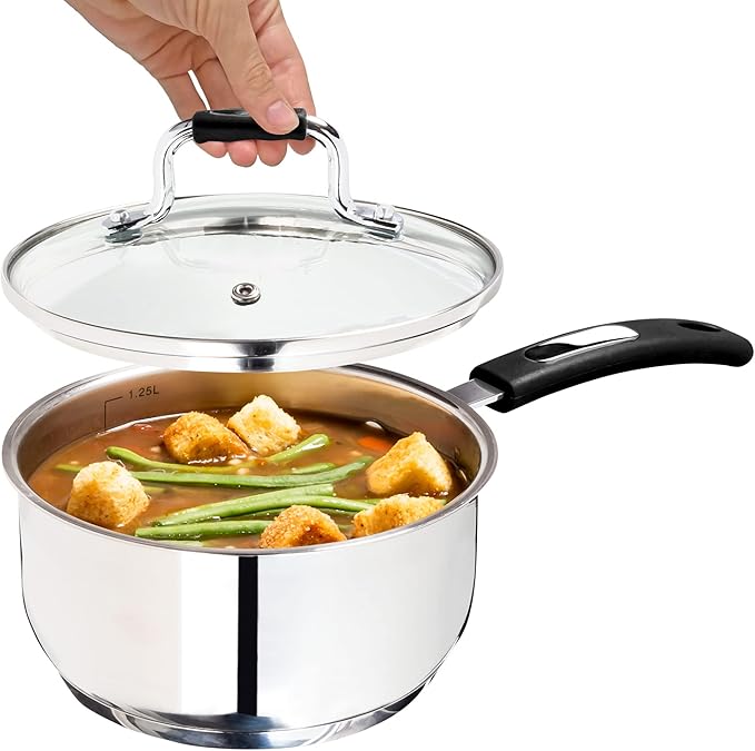 Sauce Pan, Stainless Steel 2.4 Quart Sauce Pan with Clear Glass Lid and Permanent Measurement Markings, Small Boiling Pot, Induction, Gas Electric Compatible